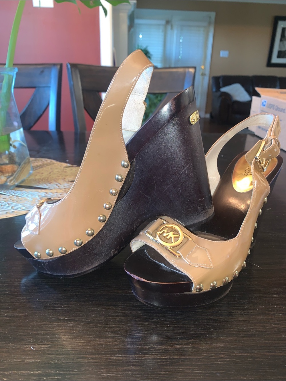 Michael Kors Tan Patent Leather Studded Wedge Sandals